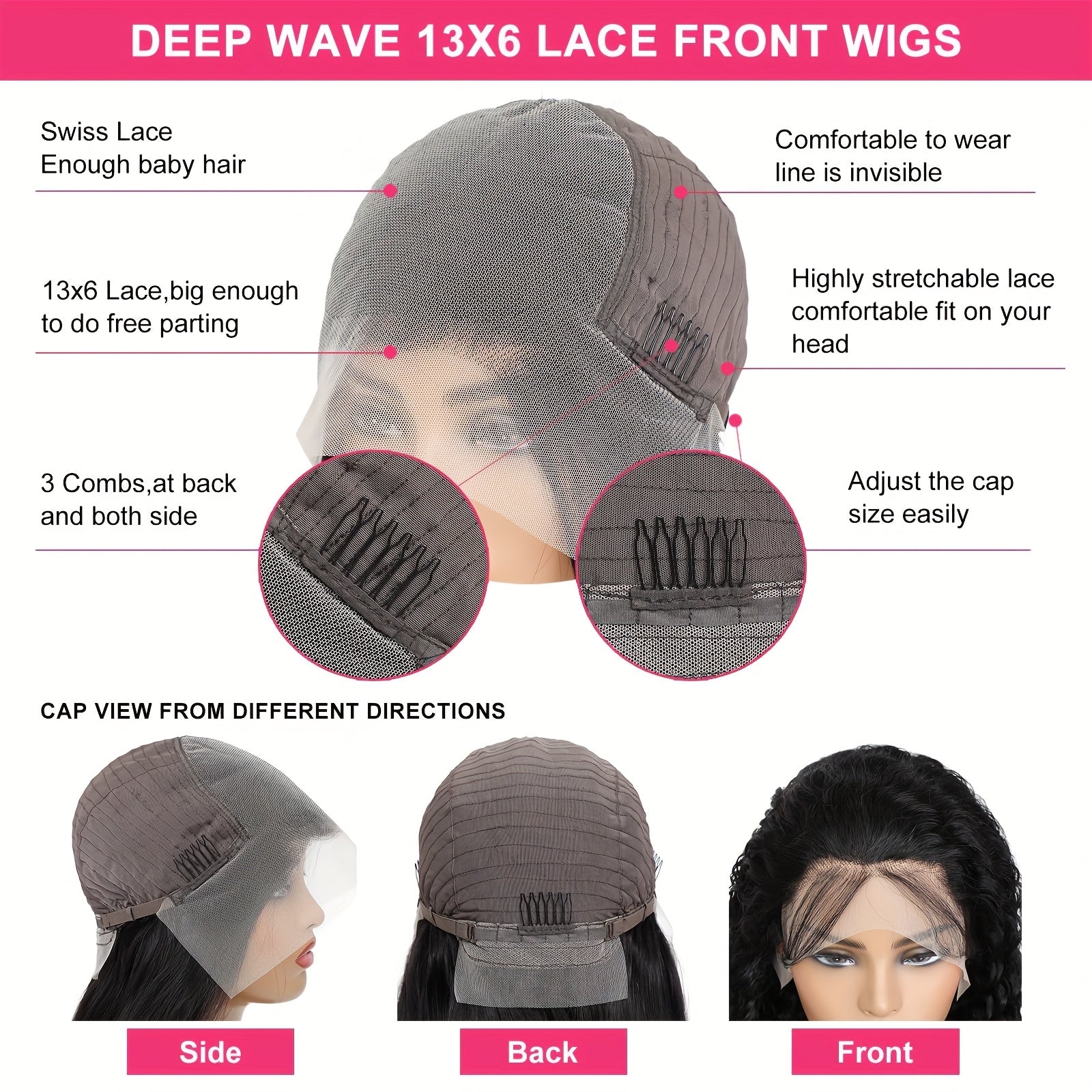 13x6 Deep Wave Lace Front Wig - 250% Density HD Lace, Pre-Plucked 100% Virgin Human Hair, Glueless Curly Style for Women, Natural Look with Hairs, Suitable for All Ethnicities, Special Occasion Wig | Deep Wave Texture | Reali
